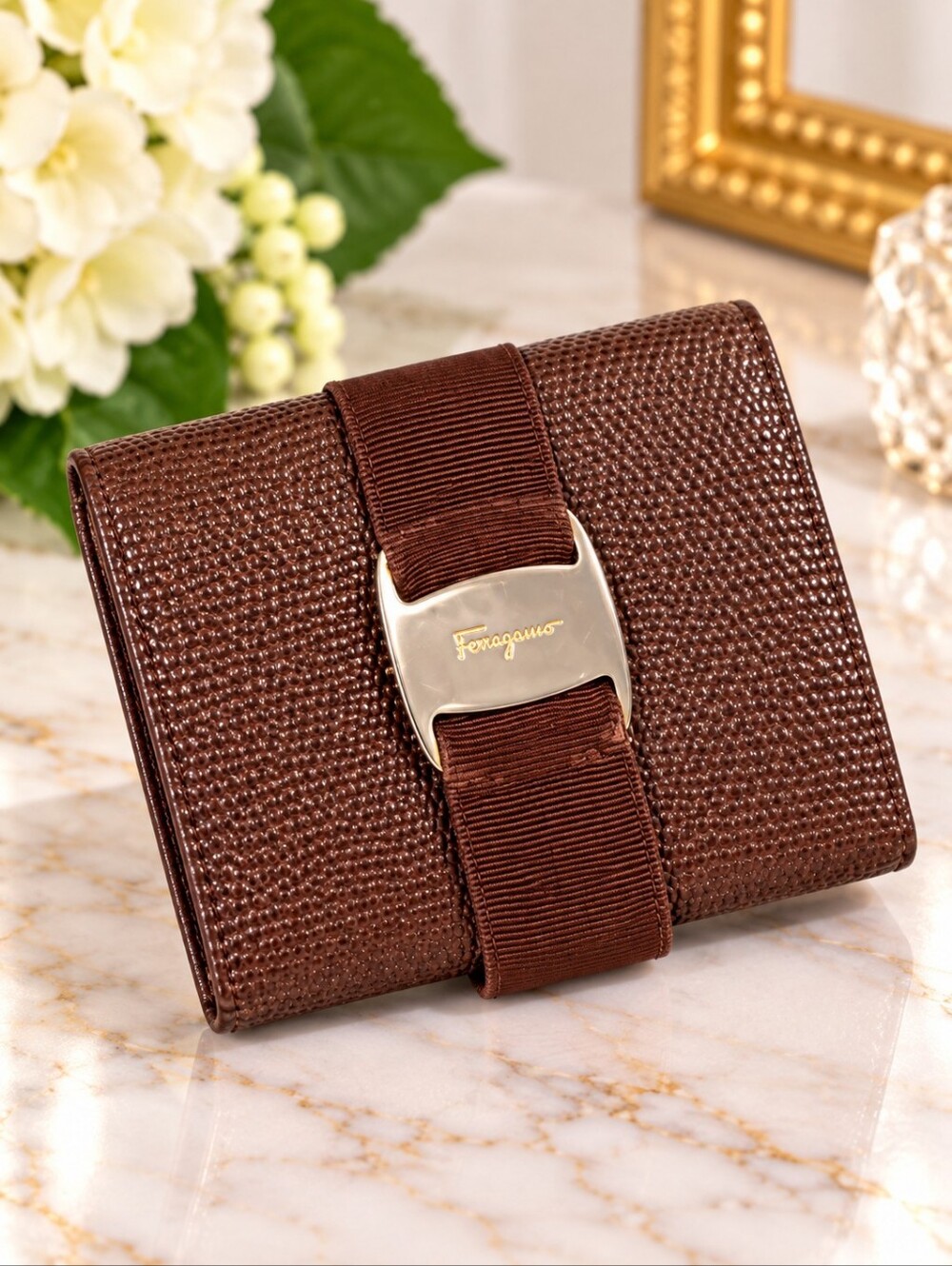 Salvatore Ferragamo Brown Textured Leather Vara 6-Key Holder Gold Hardware